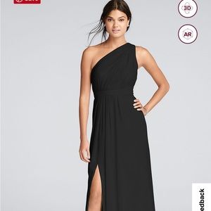 David’s Bridal long one-shoulder crinkle chiffon dress (black) with slit.